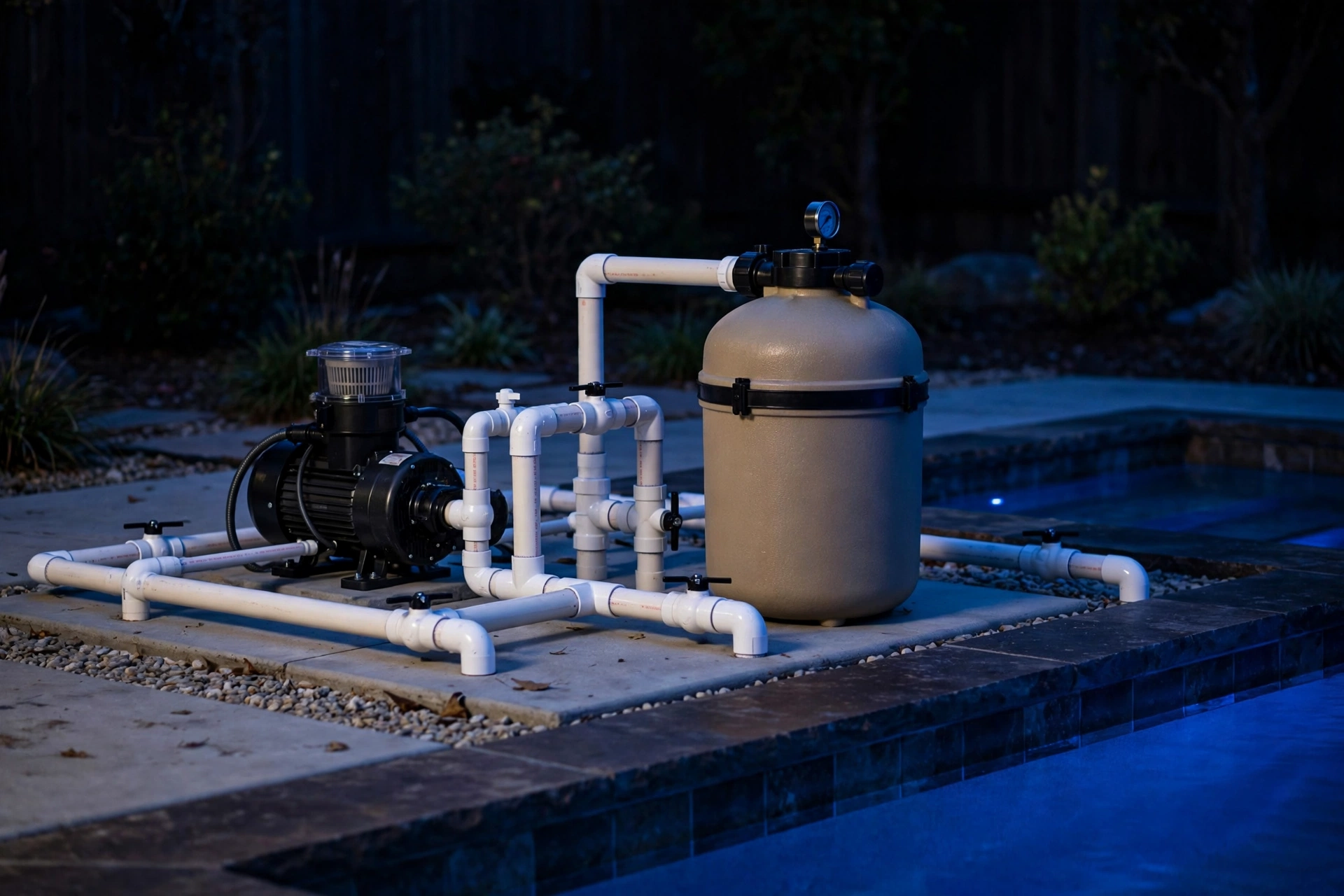 Pool pump, filter, and pipes on an equipment pad at night