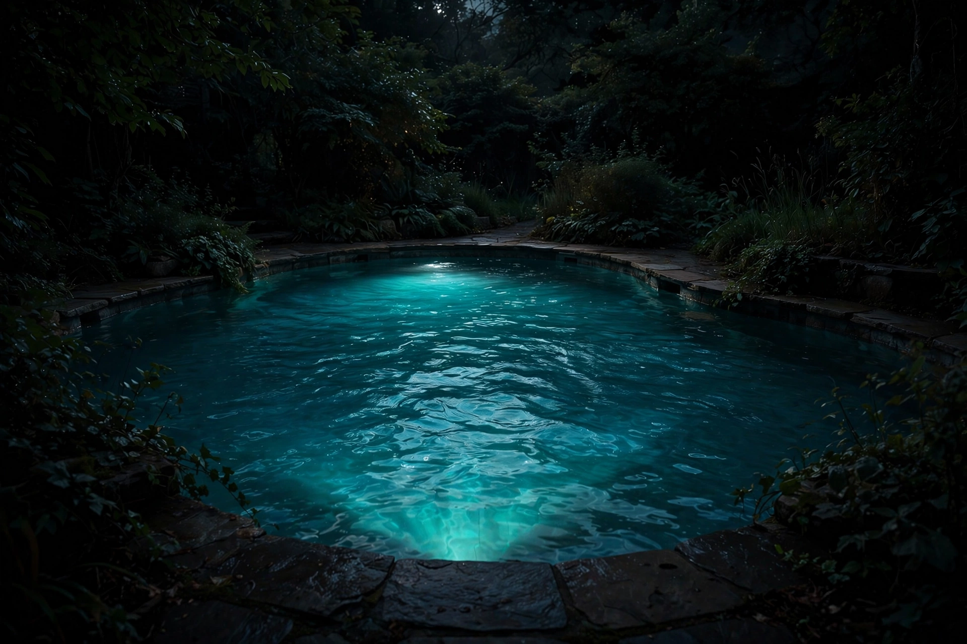 Backyard swimming pool at night, glowing turquoise under the pool light