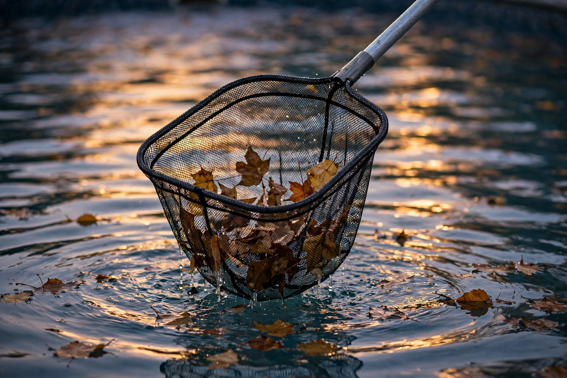 Skimmer net lifting leaves from pool water at dusk